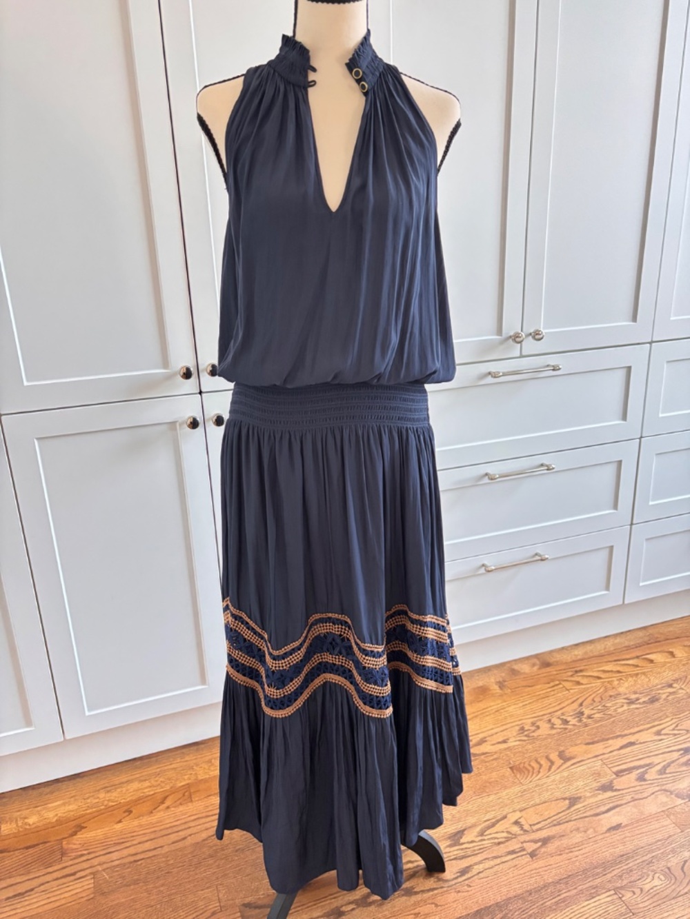 Ramy Brook Mackie Halter Blouson Maxi Dress | Size S | Navy | Crochet Lace Hem |